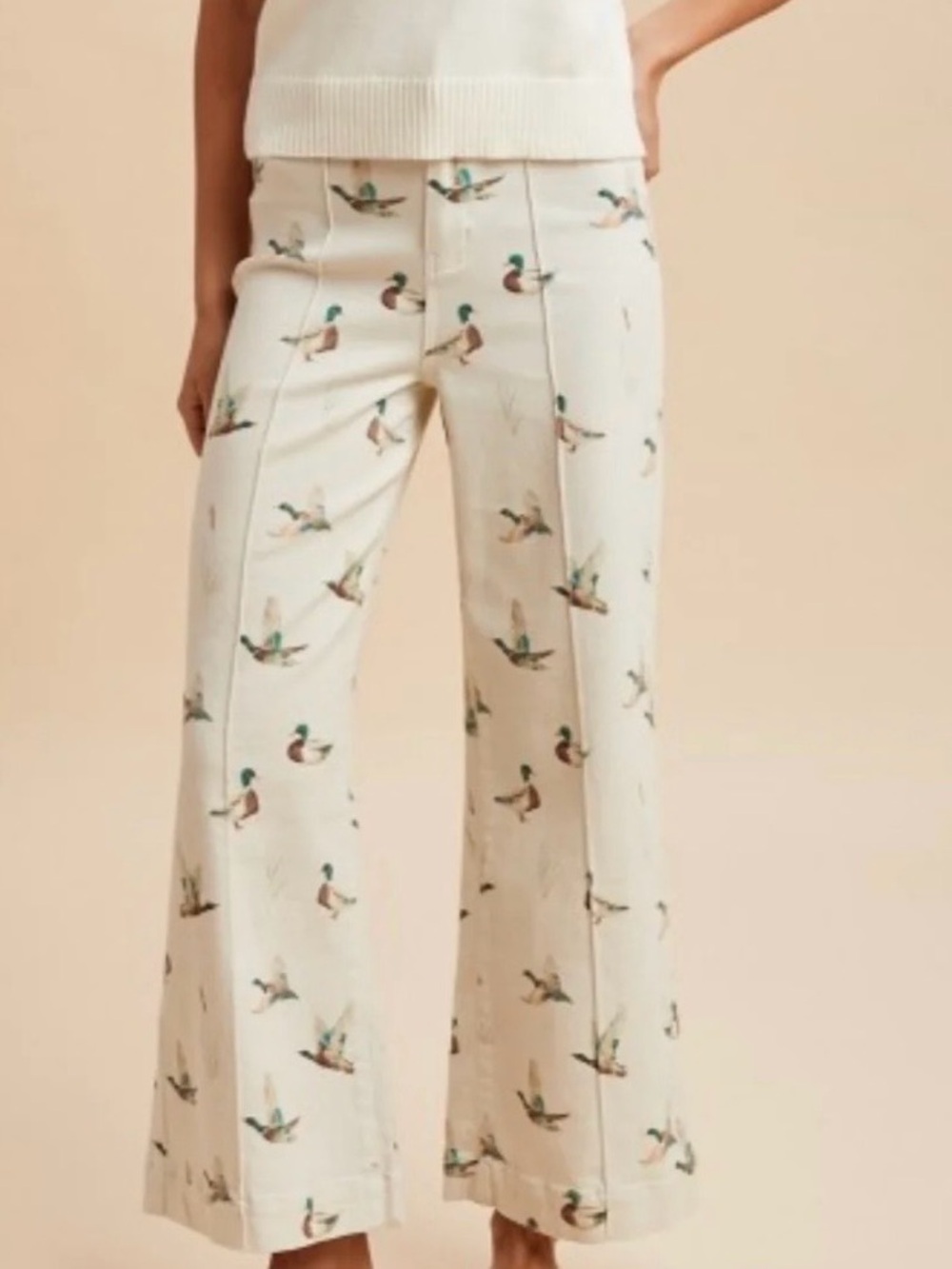 Cream Printed Wide-Leg Pants with Duck Motif Women’s Size XL Mallard Unlimited